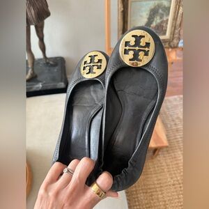 Tory Burch Black Ballet Flats with Gold Emblem